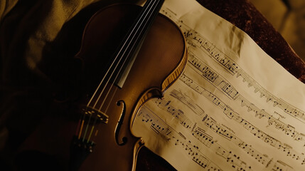 Fototapeta premium Classical music sheet notes elegantly displayed on a wooden stand, embodying the timeless beauty and intricate artistry of orchestral compositions.