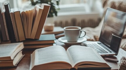 Naklejka premium Cozy Workspace with Books and Coffee