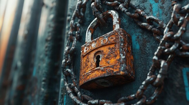 Close-up of rusted padlock with flag reflections and chains on an international shipping container, captured in photorealistic 8k detail - Powered by Adobe