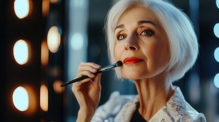 Fototapeta premium Senior woman embraces beauty standards while applying makeup in stylish environment
