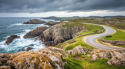 Coastal road winding along dramatic cliffs and ocean waves under a stormy sky.