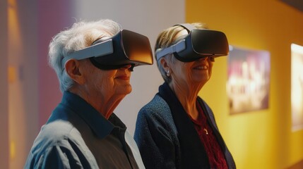 Elderly couple explores interactive museum using virtual reality technology for learning and fun