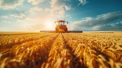 Obraz premium A tractor harvesting wheat in a golden field under a bright sky at sunset.