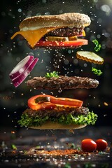 Creative vertical banner of giant floating hamburger separated into components. Flying burger ingredients in light beams on black background. Restaurant menu, diner. Open menu.