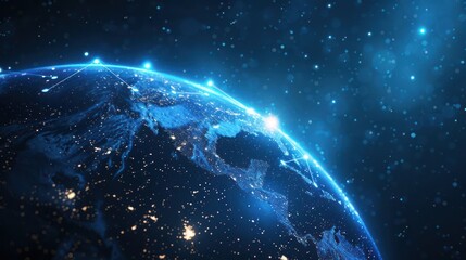 Obraz premium A digital representation of Earth showcasing lights and connections in a starry atmosphere.