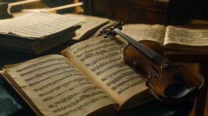 Fototapeta premium Classical music notes on single wooden stands show elegance, embodying the timeless beauty and intricate art of orchestral works