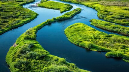 A winding river surrounded by lush green vegetation in a serene landscape.