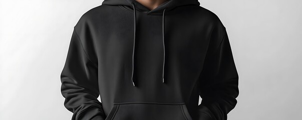 Minimalist black hoodie template for mockups, displayed flat on a white background with precise details,