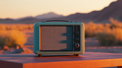 Oldies station. A vintage radio sits on a wooden table against a desert backdrop during sunset, highlighting a nostalgic atmosphere of music and memories.