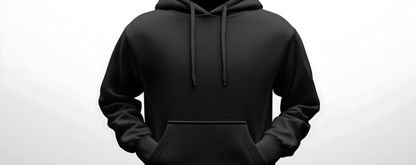 Minimalist black hoodie template for mockups, displayed flat on a white background with precise details,