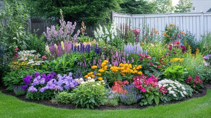 Vibrant circular flower garden bursting with color, various blooms in full sun, surrounded by lush green lawn and white fence.