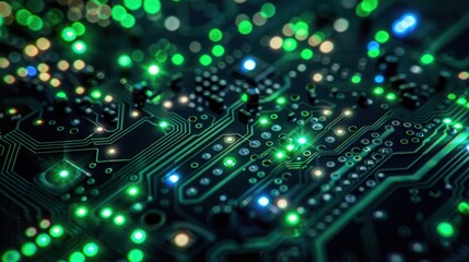 Obraz premium Close-up view of a circuit board with glowing green lights and intricate pathways.