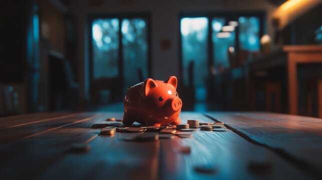 Broken with coins scattered across the piggy bank, symbolizing financial struggles and the need to budget and save