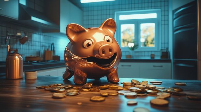 Broken with coins scattered across the piggy bank, symbolizing financial struggles and the need to budget and save