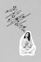 Creative photo 3d collage artwork postcard poster of young blogger dream more instagram facebook likes isolated on painting background