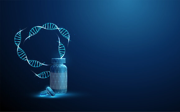 Blue DNA molecule helixes swirled in circle, plastic bottle, medical pills. Genetic engineering, treatment of genetic diseases with medicinal products, medical concept