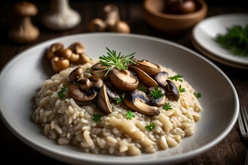 A creamy gourmet risotto made with Arborio rice and wild mushrooms like shiitake and porcini. Garnished with fresh thyme, Parmesan cheese, and a drizzle of olive oil, served in a rustic, cozy setting.