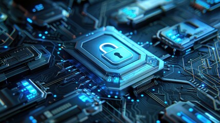 Fototapeta premium A digital circuit board featuring a secure lock symbol, representing cybersecurity technology.