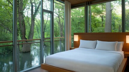 Fototapeta premium Serene Lakeside Retreat in Lush Forest Surroundings