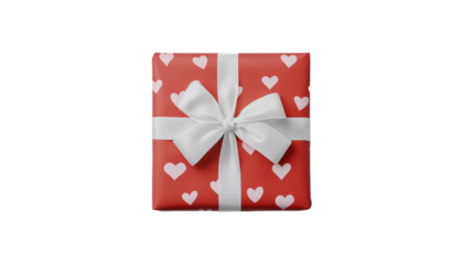 Red gift box with white ribbon and hearts on transparent background