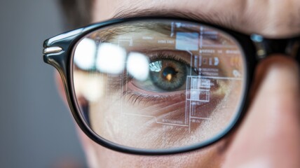Close-up of a person's eye reflected in glasses, showcasing digital information.