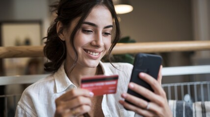 A woman smiles while holding a credit card and using a smartphone in a cozy setting.