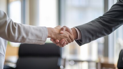 A close-up of two hands shaking, symbolizing agreement or partnership in a business setting.