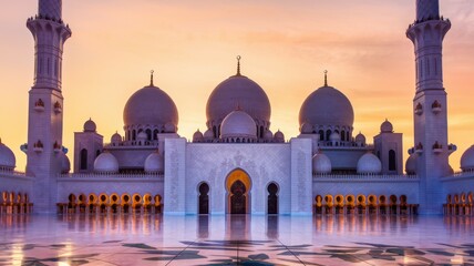 Fototapeta premium A stunning mosque at sunset, showcasing intricate architecture and serene reflections.