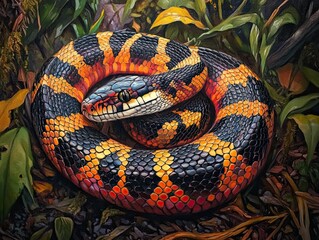 Obraz premium Vibrant snake coiled in lush foliage.