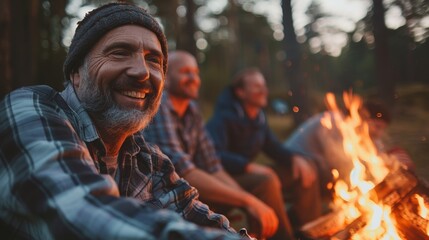 A group Of middle-aged men sitting around a campfire at dusk laughing and enjoying each Other's company.