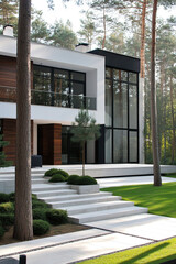 A modern house in the pine forest, with large windows and white stone accents, a modern garden design, the photo taken from across an asphalt road, a photo of the facade of a private villa.
