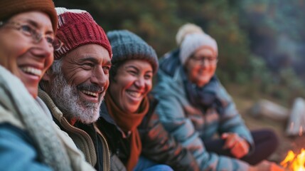 Fototapeta premium A group Of four older adults sitting around a campfire exuding warmth and camaraderie.