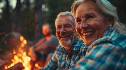 An elderly couple enjoys a campfire in the woods surrounded by a serene and peaceful atmosphere.