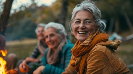 Fototapeta premium An elderly couple enjoys a campfire in the woods surrounded by a serene and peaceful atmosphere.