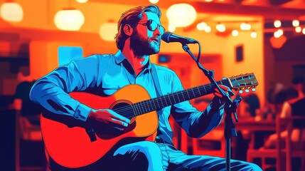 Obraz premium A musician passionately performs live music with an acoustic guitar, creating an engaging atmosphere in a vibrant setting.