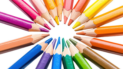 Naklejka premium A circular arrangement of colored pencils showcasing vibrant hues, ideal for artistic creation and expression.