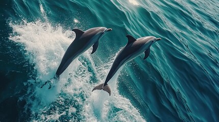 Obraz premium Two dolphins leap, ocean waves splash.