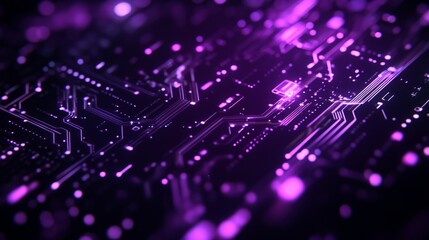 Fototapeta premium Abstract purple circuit board with glowing lines and nodes.