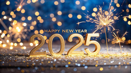 Happy new year welcome 2025 Sparkling into 2025 with golden glitters texture and bright lights background