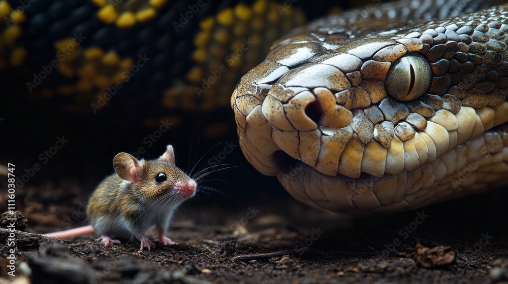Poster a small mouse, curious yet cautious, faces a large snake in a vibrant forest filled with lush greene