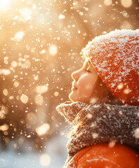 Cute girl standing with closed eyes under the snowfall. Winter theme.