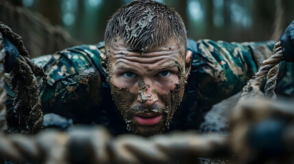 A determined soldier, camo-clad, crawls through mud on an obstacle course with intense focus, capturing grit and perseverance amidst a backdrop of ropes and forest setting.