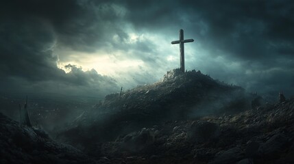 A majestic holy cross stands tall on a rocky hillside, embraced by swirling clouds and fading light of dusk. The atmosphere conveys a sense of solemnity and reflection