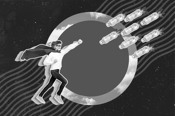 Collage banner of young superman guy wear cape with headmask fist against plastic bottle pollution meteorite earth isolated on drawing background © deagreez