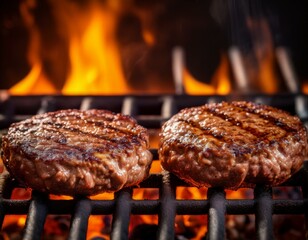 Beef burger patties sizzling on a barbecue grill, with flames below and a fiery background, perfect for cooking or BBQ-themed designs