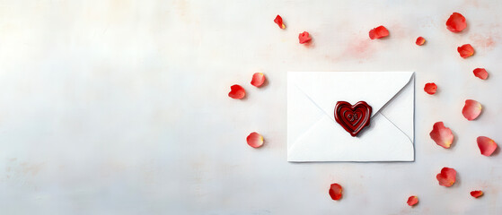 A romantic envelope sealed with a heart-shaped wax, surrounded by scattered rose petals on a soft background.