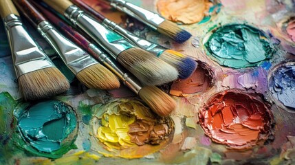 Obraz premium Paintbrushes on a colorful palette with oil paint. (1)