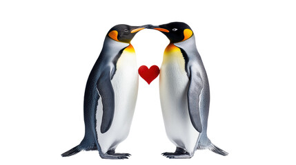 Fototapeta premium Two emperor penguins kissing with red heart and transparent background