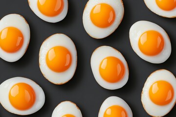Bright and colorful fried eggs arranged on a dark background for a delicious breakfast view