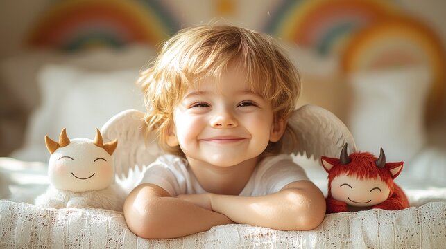 joyful child smiles widely while sitting small angel and playful devil either shoulder. bright background features rainbows and playful hearts enhancing lively atmosphere.